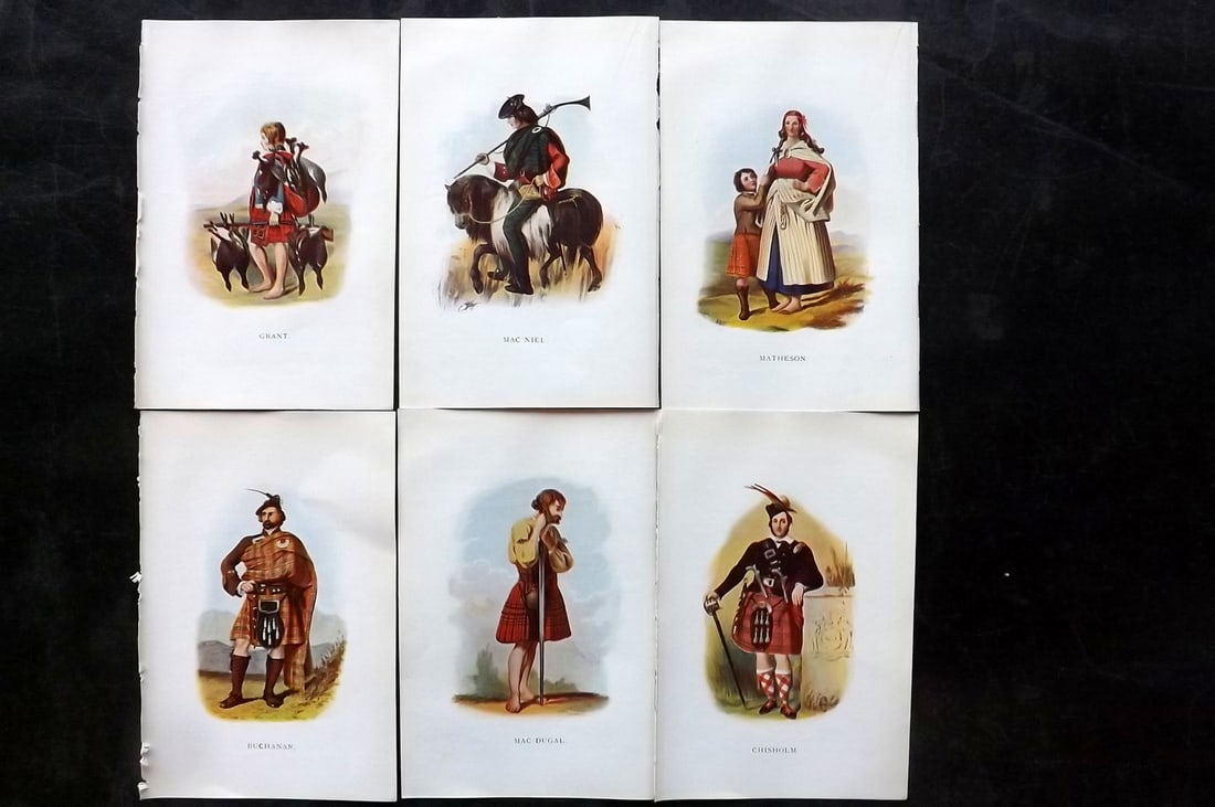 McIan, R. R. 1899 Lot of 6 Scottish Clan Costume Prints: Offset Lithographs Published 1899, Glasgow for "Mcian's Costumes of the Clans of Scotland" by James Logan and R. R. McIan. Paper Size: 7 x 5 inch (18.5 x 12cm) Good Condition