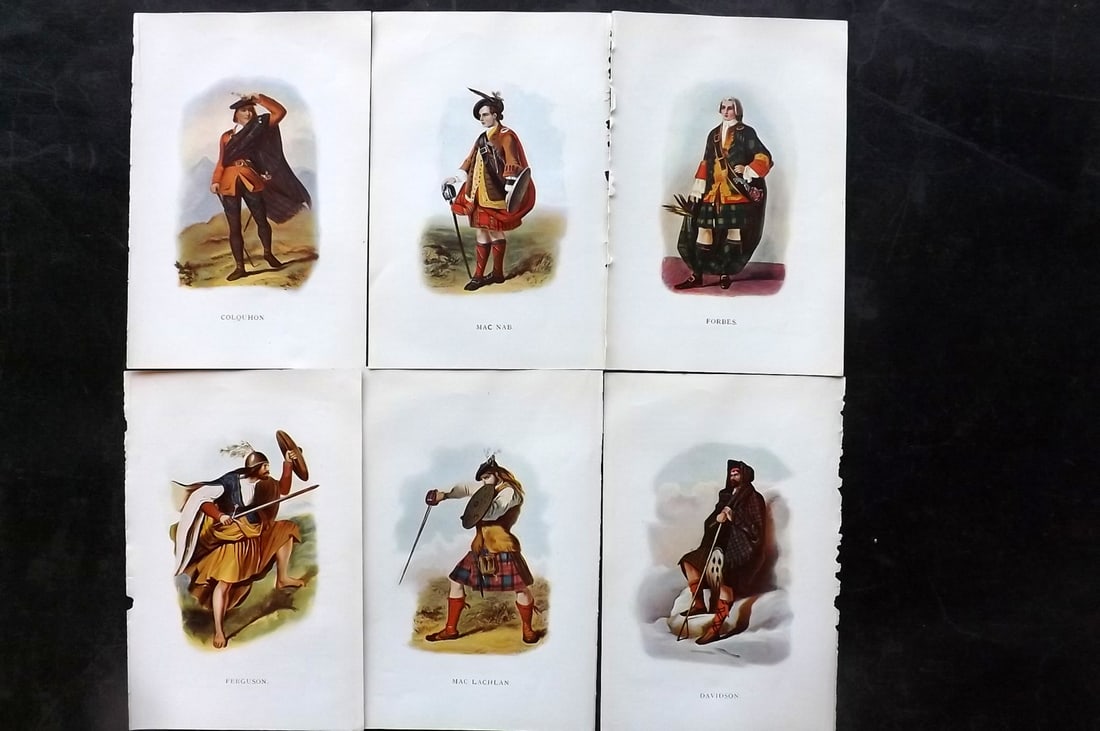 McIan, R. R. 1899 Lot of 6 Scottish Clan Costume Prints: Offset Lithographs Published 1899, Glasgow for "Mcian's Costumes of the Clans of Scotland" by James Logan and R. R. McIan. Paper Size: 7 x 5 inch (18.5 x 12cm) Good Condition