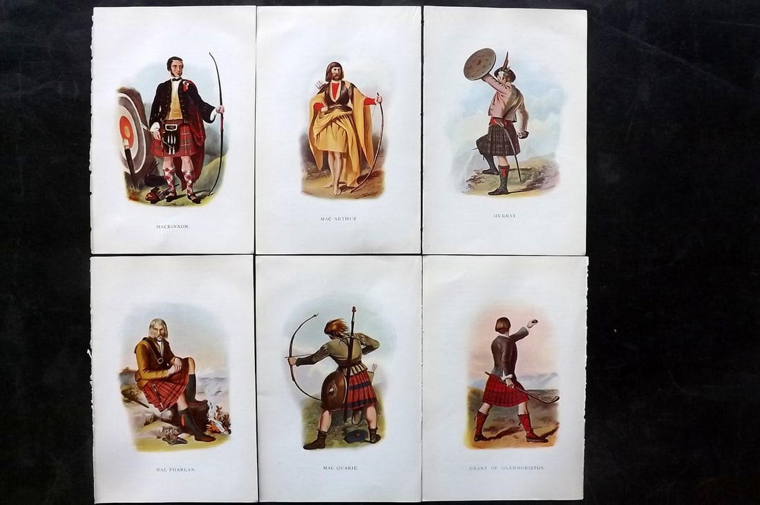 McIan, R. R. 1899 Lot of 6 Scottish Clan Costume Prints: Offset Lithographs Published 1899, Glasgow for "Mcian's Costumes of the Clans of Scotland" by James Logan and R. R. McIan. Paper Size: 7 x 5 inch (18.5 x 12cm) Good Condition
