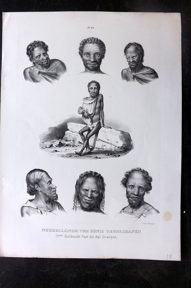 Schinz & Brodtmann C1840 Folio Print. Australia Aborigines 23: Folio Lithograph Published 1834-45, Zurich for "Naturgeschichte und Abbildungen der Menschen..." by Heinrich Rudolph Schinz. Lithographed by Karl Joseph Brodtmann. Paper Size: 14.5 x 10.5 inch (37 x 2