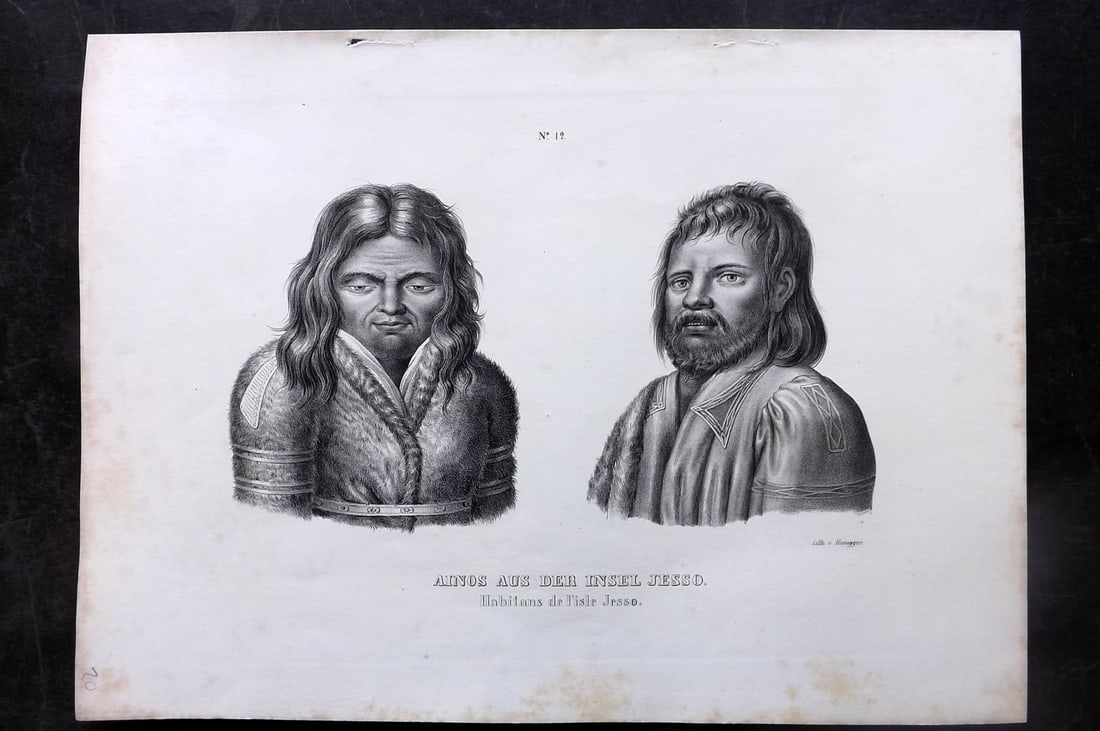 Schinz & Brodtmann C1840 Folio Print. Jesso Natives, Japan 12: Folio Lithograph Published 1834-45, Zurich for "Naturgeschichte und Abbildungen der Menschen..." by Heinrich Rudolph Schinz. Lithographed by Karl Joseph Brodtmann. Paper Size: 14.5 x 10.5 inch (37 x 2