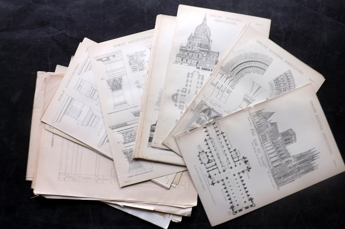 Architecture 19th Cent. Lot of 42 Antique Prints: Lithographs and Engravings. Examples mostly from The National Encyclopedia, also Encyclopedia Britannica. Paper Size: Mostly 9.5 x 6 inch (24 x 16cm) Good Condition
