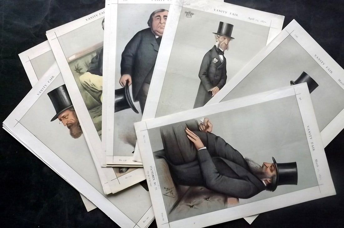 Vanity Fair Prints 1871 Lot of 22 Spy etc Cartoons: Chromolithograph Published 1869-1914, London for "Vanity Fair" Paper Size: 14 x 9 inch (36 x 23cm) Approx. Minor faults in parts. Good Condition overall