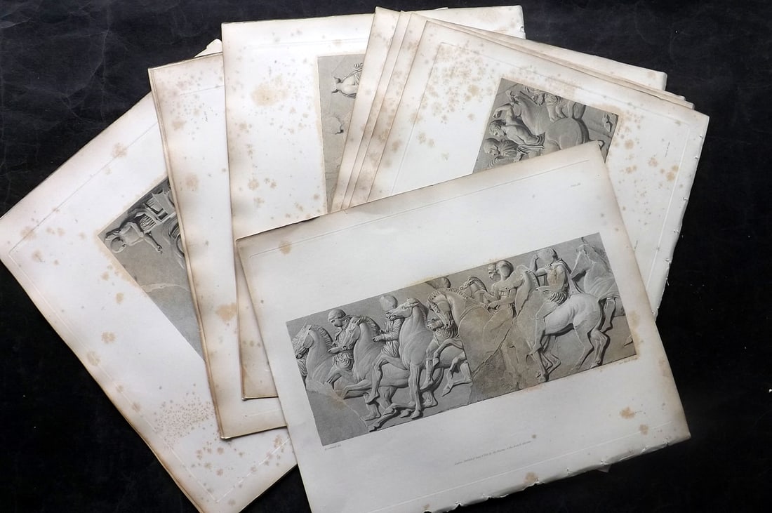 BM Marbles 1839 Lot of 16 Folio Greek Parthenon Architectural Friezes: Steel Engravings Published 1812-61, London for "A Description of the Collection of Ancient Marbles in the British Museum" by the British Museum, Department of Greek and Roman Antiquities. Paper Size: