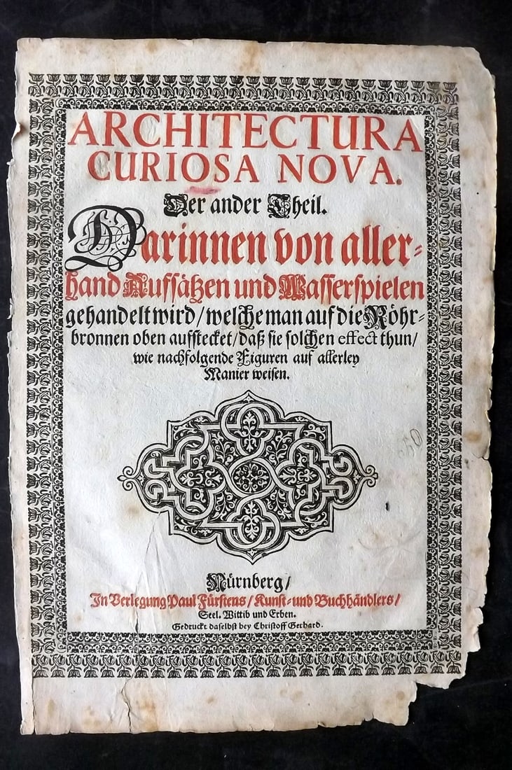 Bockler, Georg 1664 Architectura Curiosa Nova Woodcut Decoration Title Page: Folio Woodcut Title Page Published 1664 Nuremberg, for "Architectura Curiosa Nova…" by Georg Andreas Bockler. Paper Size: 12.5 x 8.5 inch (32 x 22cm) Good Condition overall