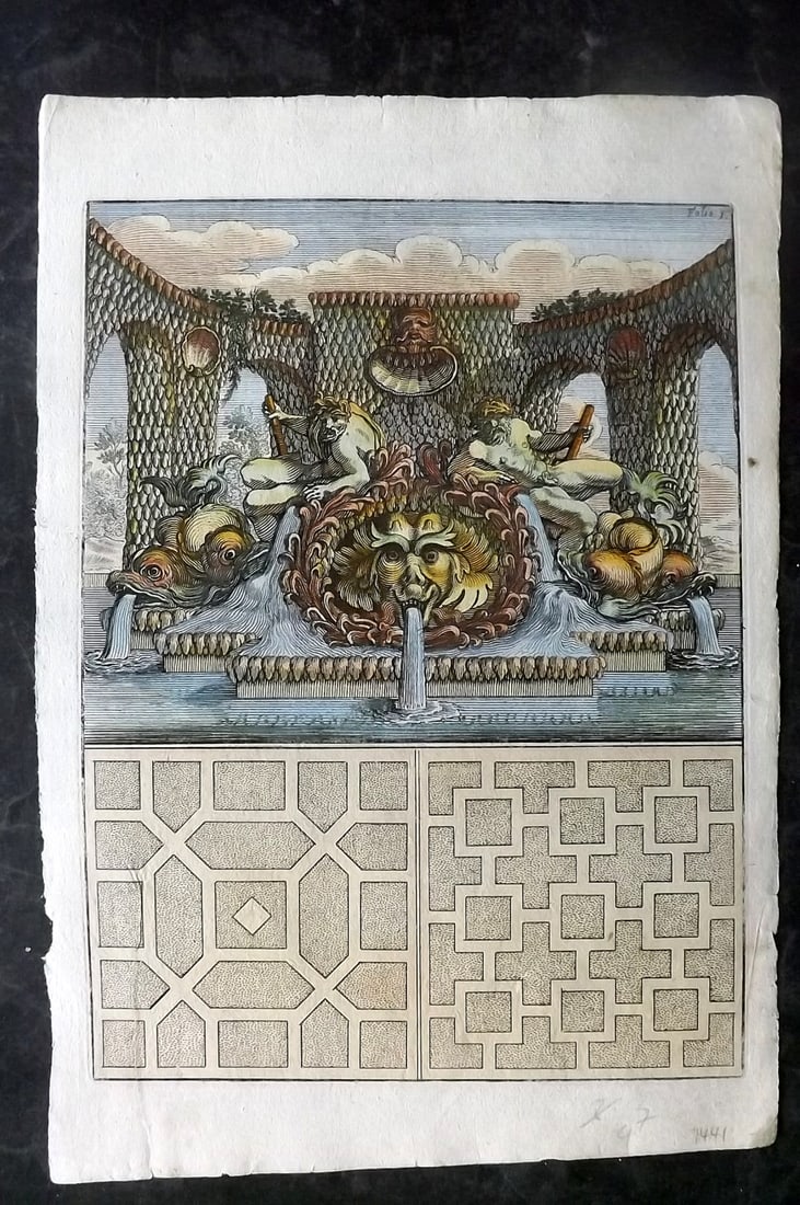 Bockler, Georg 1664 Folio HCol Garden Fountain Architectural Print 03: Folio Hand Colored Copper Plate Published 1664 Nuremberg, for "Architectura Curiosa Nova…" by Georg Andreas Bockler. Paper Size: 12.5 x 8.5 inch (32 x 22cm) Closed tear, bottom left. Good Condition