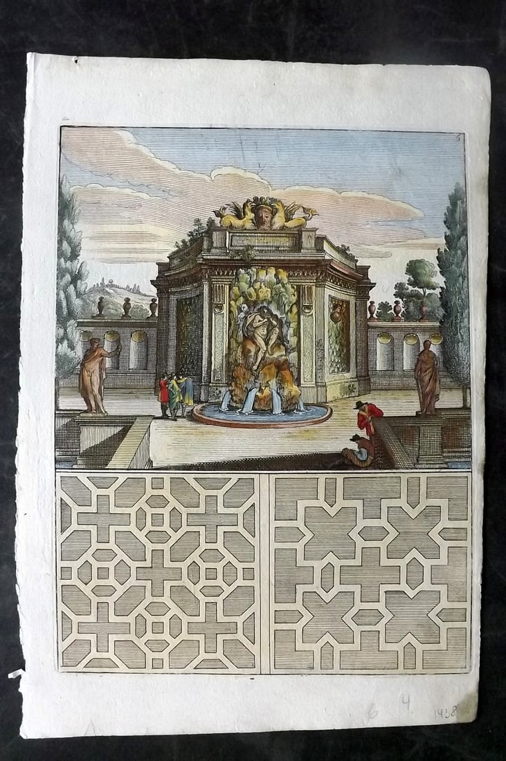 Bockler, Georg 1664 Folio HCol Garden Fountain Architectural Print 06: Folio Hand Colored Copper Plate Published 1664 Nuremberg, for "Architectura Curiosa Nova…" by Georg Andreas Bockler. Paper Size: 12.5 x 8.5 inch (32 x 22cm) Good Condition