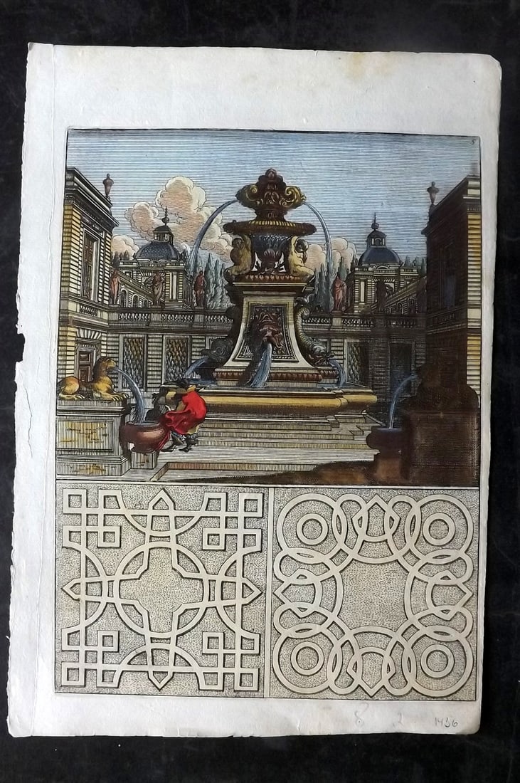 Bockler, Georg 1664 Folio HCol Garden Fountain Architectural Print 08: Folio Hand Colored Copper Plate Published 1664 Nuremberg, for "Architectura Curiosa Nova…" by Georg Andreas Bockler. Paper Size: 12.5 x 8.5 inch (32 x 22cm) Good Condition