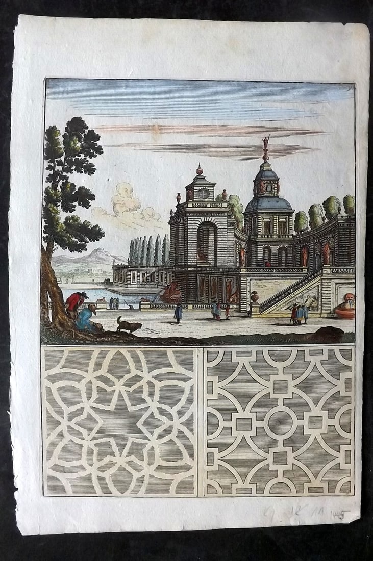 Bockler, Georg 1664 Folio HCol Garden Fountain Architectural Print 09: Folio Hand Colored Copper Plate Published 1664 Nuremberg, for "Architectura Curiosa Nova…" by Georg Andreas Bockler. Paper Size: 12.5 x 8.5 inch (32 x 22cm) Good Condition