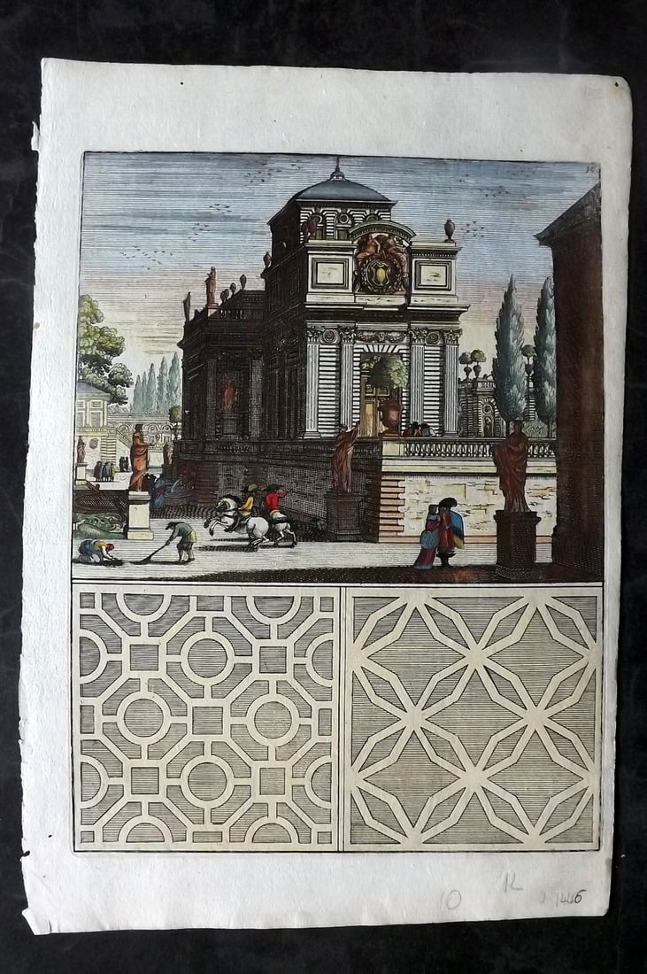 Bockler, Georg 1664 Folio HCol Garden Fountain Architectural Print 10: Folio Hand Colored Copper Plate Published 1664 Nuremberg, for "Architectura Curiosa Nova…" by Georg Andreas Bockler. Paper Size: 12.5 x 8.5 inch (32 x 22cm) Good Condition