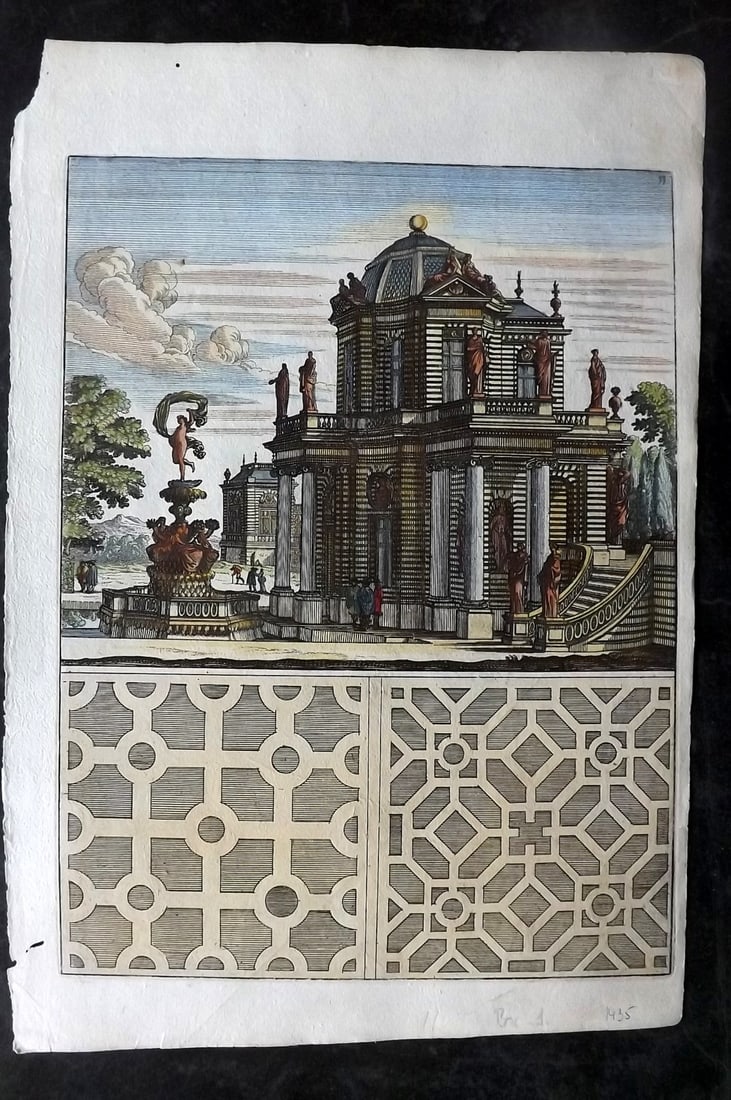 Bockler, Georg 1664 Folio HCol Garden Fountain Architectural Print 11: Folio Hand Colored Copper Plate Published 1664 Nuremberg, for "Architectura Curiosa Nova…" by Georg Andreas Bockler. Paper Size: 12.5 x 8.5 inch (32 x 22cm) Good Condition