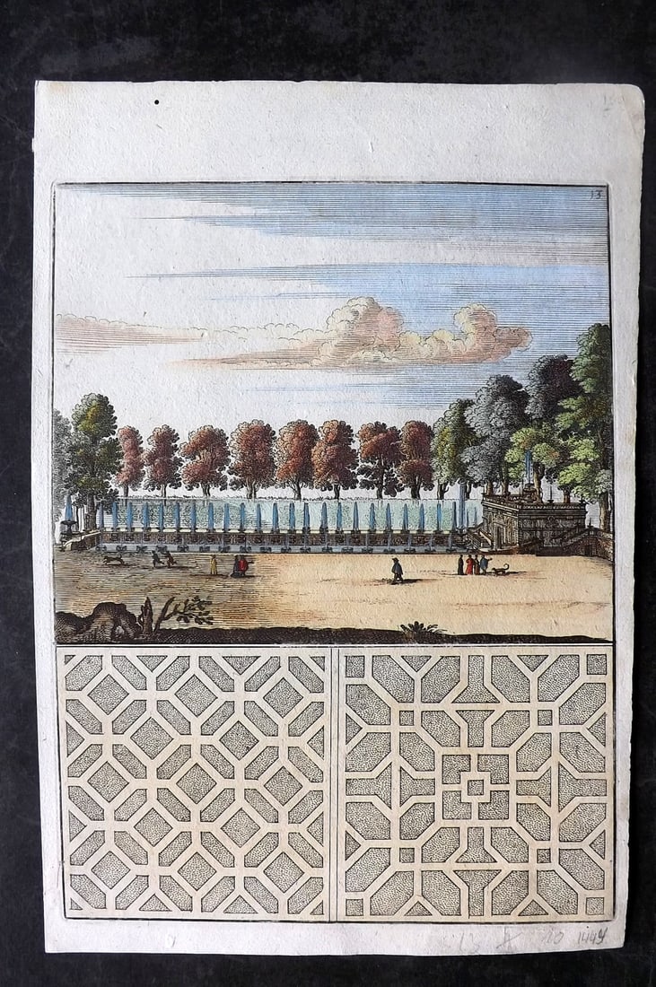 Bockler, Georg 1664 Folio HCol Garden Fountain Architectural Print 13: Folio Hand Colored Copper Plate Published 1664 Nuremberg, for "Architectura Curiosa Nova…" by Georg Andreas Bockler. Paper Size: 12.5 x 8.5 inch (32 x 22cm) Good Condition