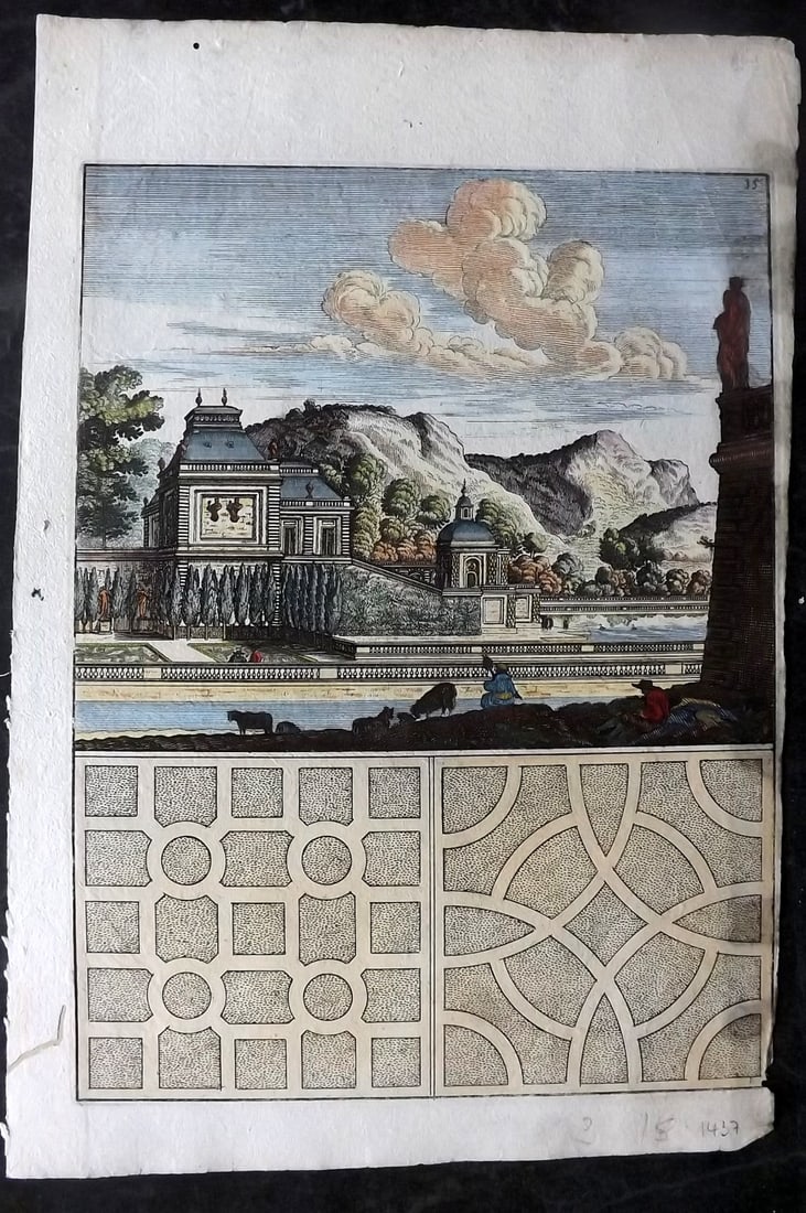 Bockler, Georg 1664 Folio HCol Garden Fountain Architectural Print 35: Folio Hand Colored Copper Plate Published 1664 Nuremberg, for "Architectura Curiosa Nova…" by Georg Andreas Bockler. Paper Size: 12.5 x 8.5 inch (32 x 22cm) Good Condition