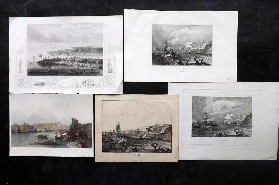Malta 19th Cent. Lot of 5 Antique Prints. Engravings Views: Lot of 4 Steel Engravings (One with hand colour) and 1 Lithographs. Examples from the Shores and Islands of the Mediterranean, The History Of The War With Russia, Aubert, Meyer's Universum. Paper Size