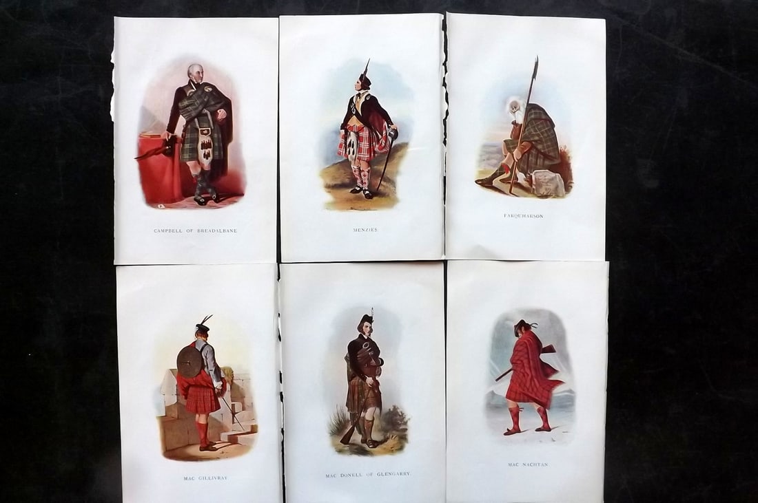 McIan, R. R. 1899 Lot of 6 Scottish Clan Costume Prints: Offset Lithographs Published 1899, Glasgow for "Mcian's Costumes of the Clans of Scotland" by James Logan and R. R. McIan. Paper Size: 7 x 5 inch (18.5 x 12cm) Good Condition