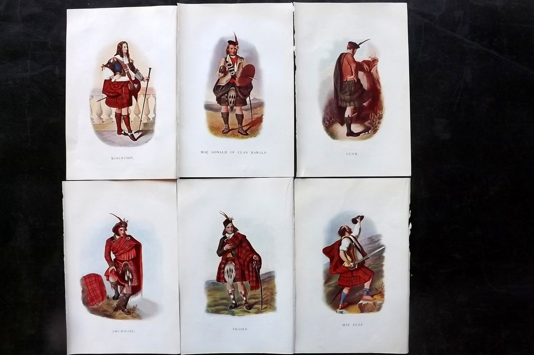McIan, R. R. 1899 Lot of 6 Scottish Clan Costume Prints: Offset Lithographs Published 1899, Glasgow for "Mcian's Costumes of the Clans of Scotland" by James Logan and R. R. McIan. Paper Size: 7 x 5 inch (18.5 x 12cm) Good Condition
