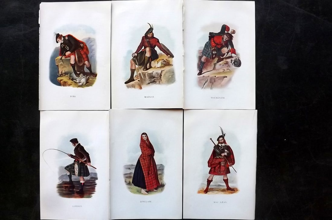 McIan, R. R. 1899 Lot of 6 Scottish Clan Costume Prints: Offset Lithographs Published 1899, Glasgow for "Mcian's Costumes of the Clans of Scotland" by James Logan and R. R. McIan. Paper Size: 7 x 5 inch (18.5 x 12cm) Good Condition