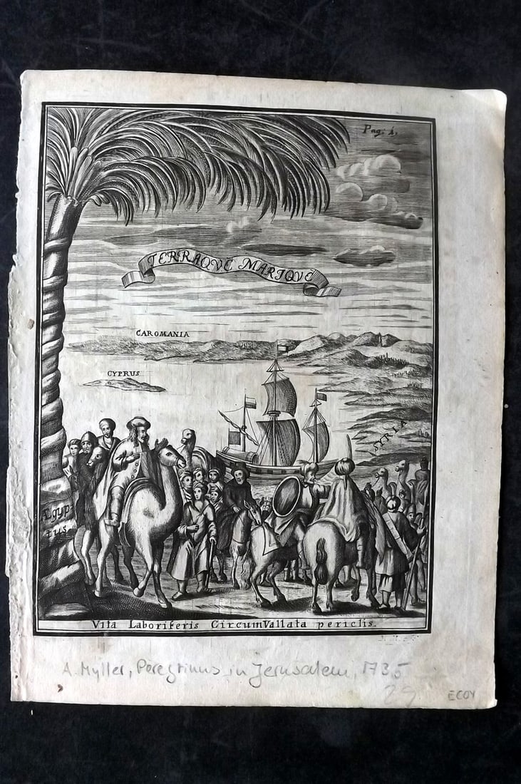 Myller, Angelicus C1735 Print. Classical Frontis. showing Cyprus & Holy Land (1 of 1)
