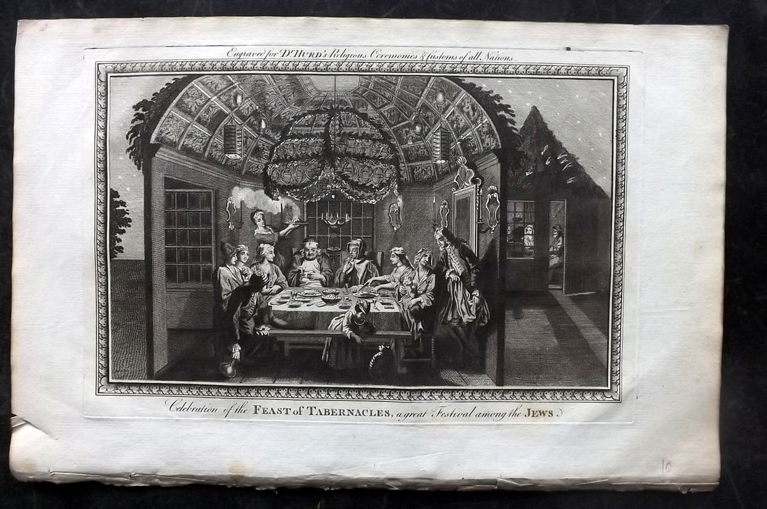 Hurd, William C1780 Folio Judaica Print. Feast of Tabernacles festical among the Jews: Folio Copper Plate Published 1779-1812, London for "A New Universal History of the Religious Rites, Ceremonies and Customs, of the Whole World…" by Dr. William Hurd. Paper Size: 13.75 x 9 inch (35 x