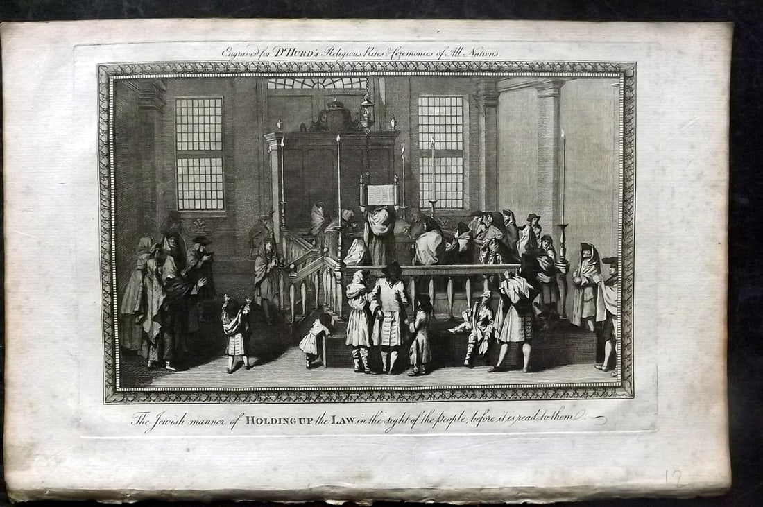 Hurd, William C1780 Folio Judaica Print. Jewish Manner of Holding up the Law: Folio Copper Plate Published 1779-1812, London for "A New Universal History of the Religious Rites, Ceremonies and Customs, of the Whole World…" by Dr. William Hurd. Paper Size: 13.75 x 9 inch (35 x