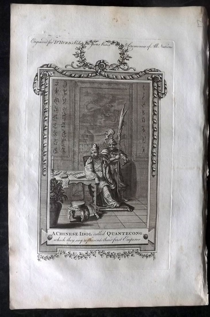 Hurd, William C1780 Folio Print. A Chinese Idol called Quantecong China: Folio Copper Plate Published 1779-1812, London for "A New Universal History of the Religious Rites, Ceremonies and Customs, of the Whole World…" by Dr. William Hurd. Paper Size: 13.75 x 9 inch (35 x
