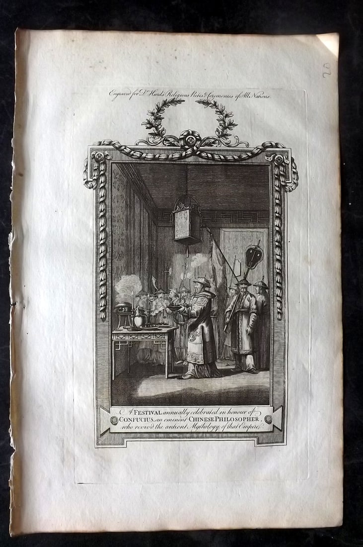 Hurd, William C1780 Folio Print. Festival celebrated in honour of Confucius. China: Folio Copper Plate Published 1779-1812, London for "A New Universal History of the Religious Rites, Ceremonies and Customs, of the Whole World…" by Dr. William Hurd. Paper Size: 13.75 x 9 inch (35 x