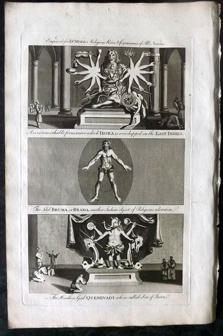 Hurd, William C1780 Folio Print. Ixora, Brama, Quenevadi. India Gods, Idols: Folio Copper Plate Published 1779-1812, London for "A New Universal History of the Religious Rites, Ceremonies and Customs, of the Whole World…" by Dr. William Hurd. Paper Size: 13.75 x 9 inch (35 x