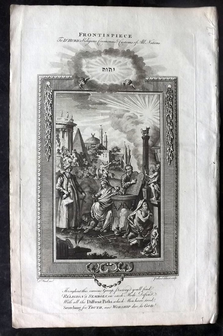 Hurd, William C1780 Folio Print. Religious Ceremonies & Customs Classical Frontis.: Folio Copper Plate Published 1779-1812, London for "A New Universal History of the Religious Rites, Ceremonies and Customs, of the Whole World…" by Dr. William Hurd. Paper Size: 13.75 x 9 inch (35 x