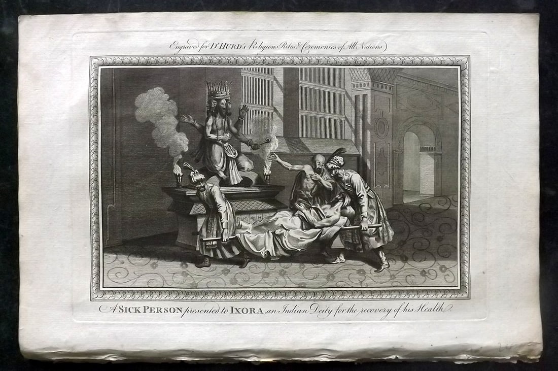 Hurd, William C1780 Folio Print. Sick Person presented to Ixora. India: Folio Copper Plate Published 1779-1812, London for "A New Universal History of the Religious Rites, Ceremonies and Customs, of the Whole World…" by Dr. William Hurd. Paper Size: 13.75 x 9 inch (35 x