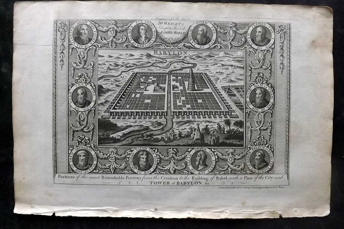 Wright, Paul 1782 Folio Print. City and Tower of Babylon: Folio Copper Plate Published 1782, London for "The Complete British Family Bible…" by Paul Wright. Paper Size: 15 x 10 inch (38 x 25cm) Minor margin toning. Good Condition