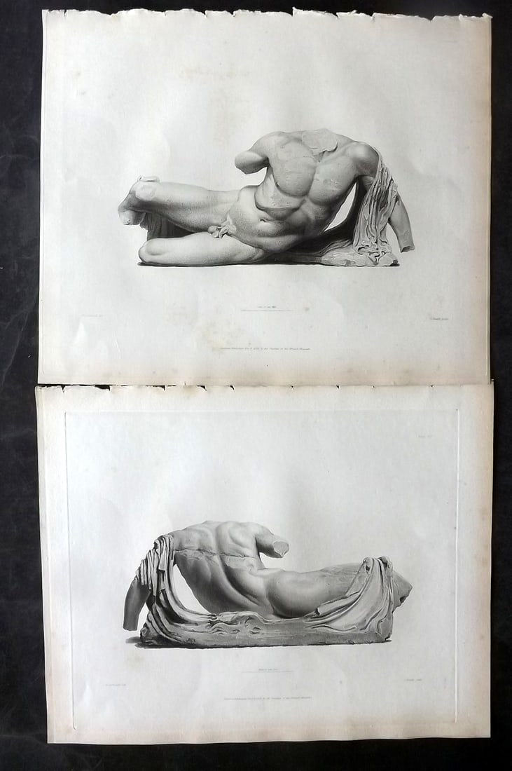 BM Marbles 1830 Pair of Folio Greek Statue Prints. Plates 13, 14: Copper Plates Published 1812-61, London for "A Description of the Collection of Ancient Marbles in the British Museum" by the British Museum, Department of Greek and Roman Antiquities. Paper Size: 13.