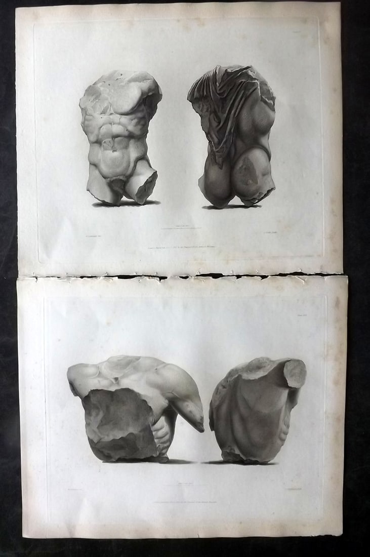 BM Marbles 1830 Pair of Folio Greek Statue Prints. Plates 15, 17: Copper Plates Published 1812-61, London for "A Description of the Collection of Ancient Marbles in the British Museum" by the British Museum, Department of Greek and Roman Antiquities. Paper Size: 13.