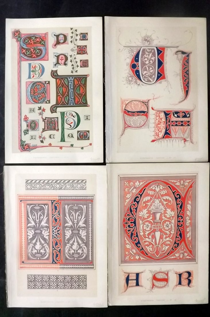 Tymms - Art of Illuminating 1860 Lot of 4 Antique Prints: Chromolithographs Published 1860, London for "The Art of Illuminating as Practised in Europe from the Earliest Times" by M. Digby Wyatt. Selected & Chromolithographed by William Robert Tymms. Paper Si