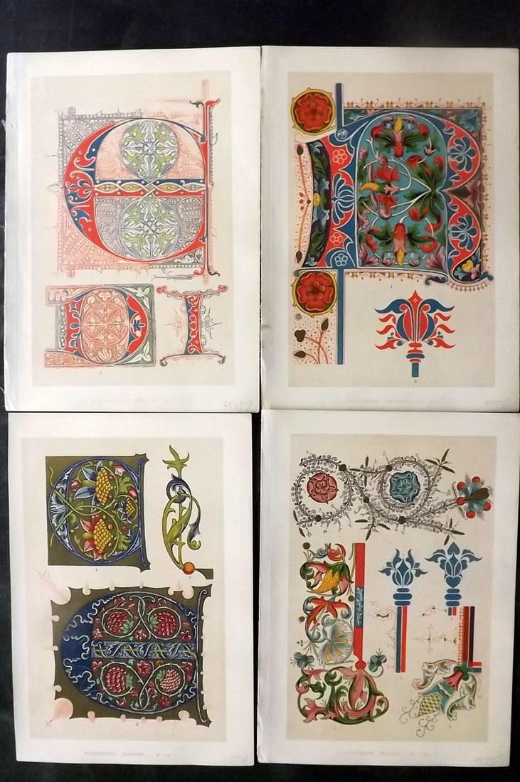 Tymms - Art of Illuminating 1860 Lot of 4 Antique Prints (1 of 2)