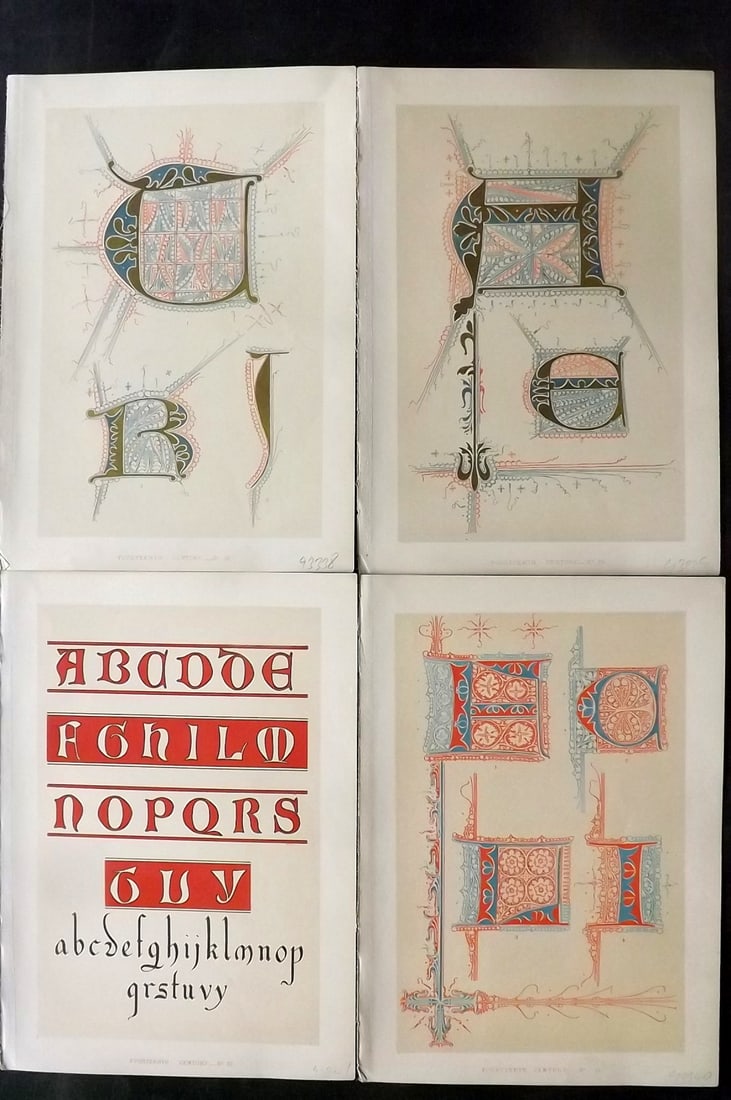 Tymms - Art of Illuminating 1860 Lot of 4 Antique Prints: Chromolithographs Published 1860, London for "The Art of Illuminating as Practised in Europe from the Earliest Times" by M. Digby Wyatt. Selected & Chromolithographed by William Robert Tymms. Paper Si