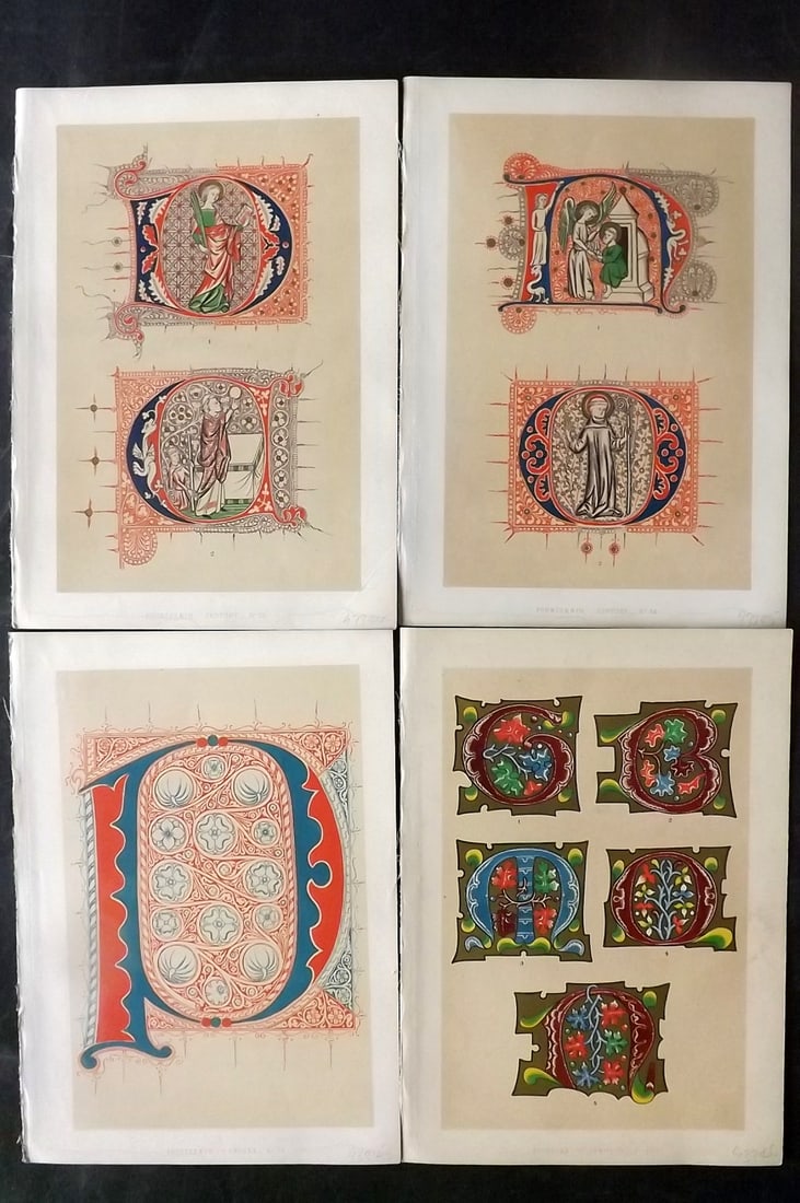 Tymms - Art of Illuminating 1860 Lot of 4 Antique Prints: Chromolithographs Published 1860, London for "The Art of Illuminating as Practised in Europe from the Earliest Times" by M. Digby Wyatt. Selected & Chromolithographed by William Robert Tymms. Paper Si