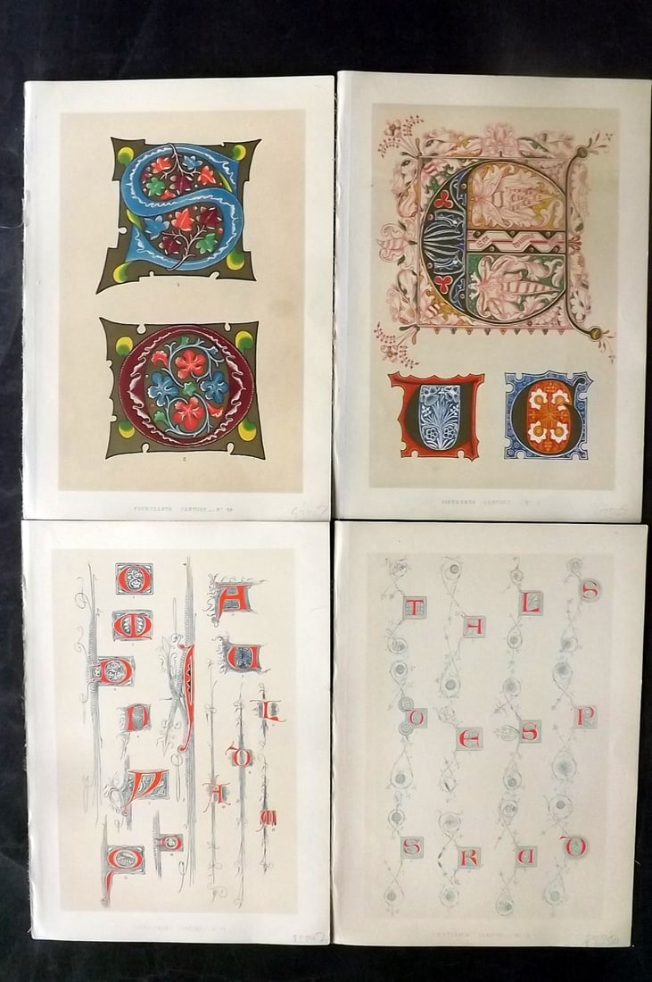 Tymms - Art of Illuminating 1860 Lot of 4 Antique Prints: Chromolithographs Published 1860, London for "The Art of Illuminating as Practised in Europe from the Earliest Times" by M. Digby Wyatt. Selected & Chromolithographed by William Robert Tymms. Paper Si