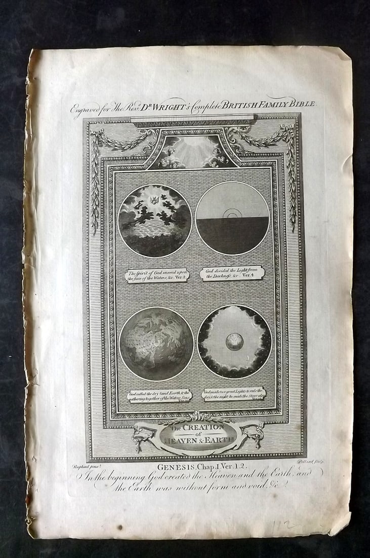 Wright, Paul 1782 Folio Print. Creation of Heaven & Earth: Folio Copper Plate Published 1782, London for "The Complete British Family Bible…" by Paul Wright. Paper Size: 15 x 10 inch (38 x 25cm) Good Condition