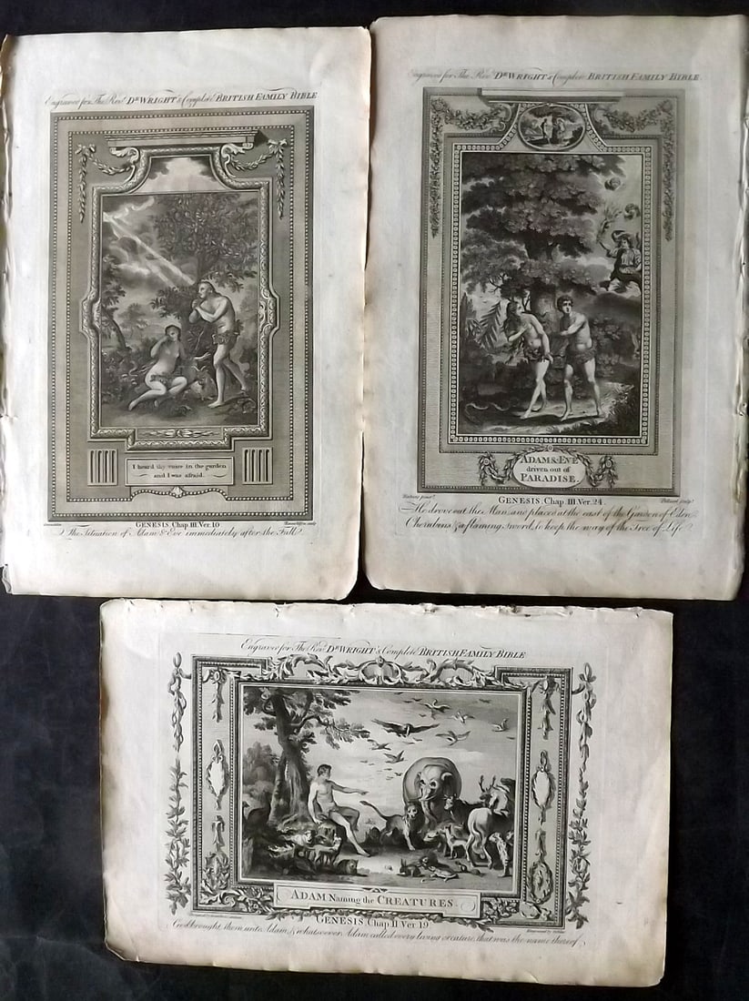 Wright, Paul 1782 Lot of 3 Folio Religious Prints. Adam & Eve (1 of 2)