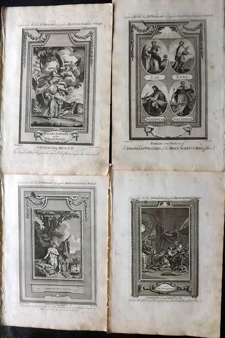 Wright, Paul 1782 Lot of 4 Folio Religious Prints: Folio Copper Plate Published 1782, London for "The Complete British Family Bible…" by Paul Wright. Paper Size: 15 x 10 inch (38 x 25cm) Good Condition