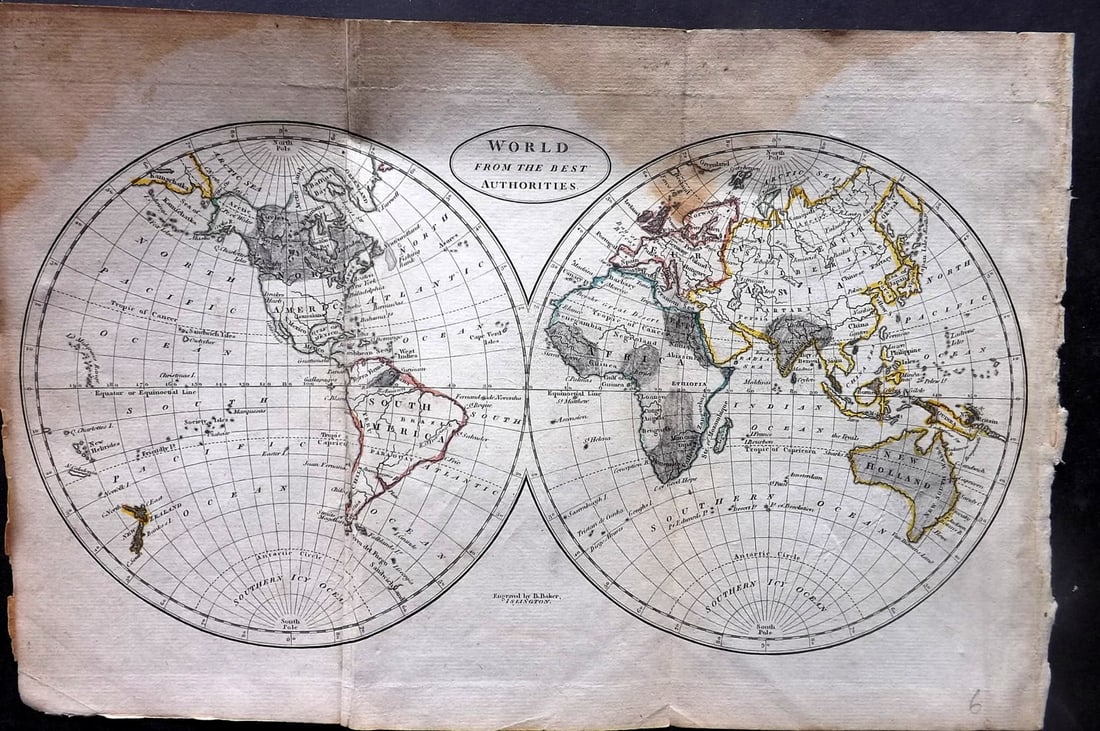 Brookes & Baker 1797 Antique Map. World Hemispheres (1 of 1)