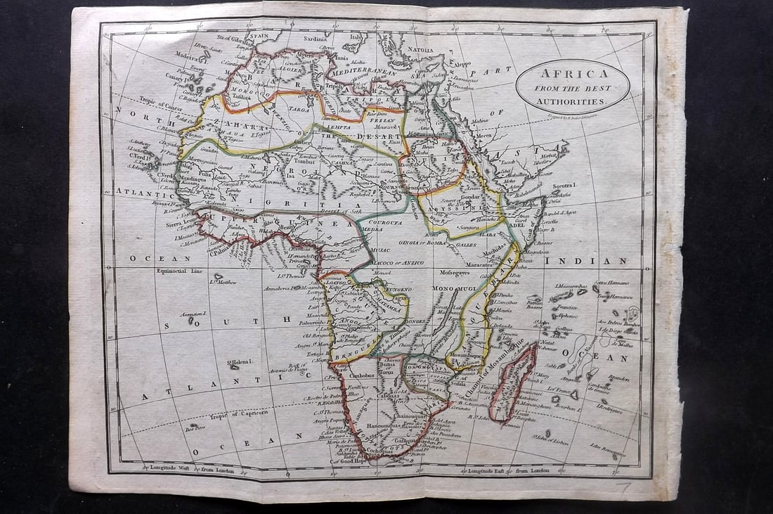 Brookes & Baker 1797 Antique Map. Africa: Copper Engraved Map Published 1797, London for "The General Gazetteer; Or, Compendious Geographical Dictionary" by Richard Brookes. Engraved by B. Baker. Original outline hand color. Folds as issued. 