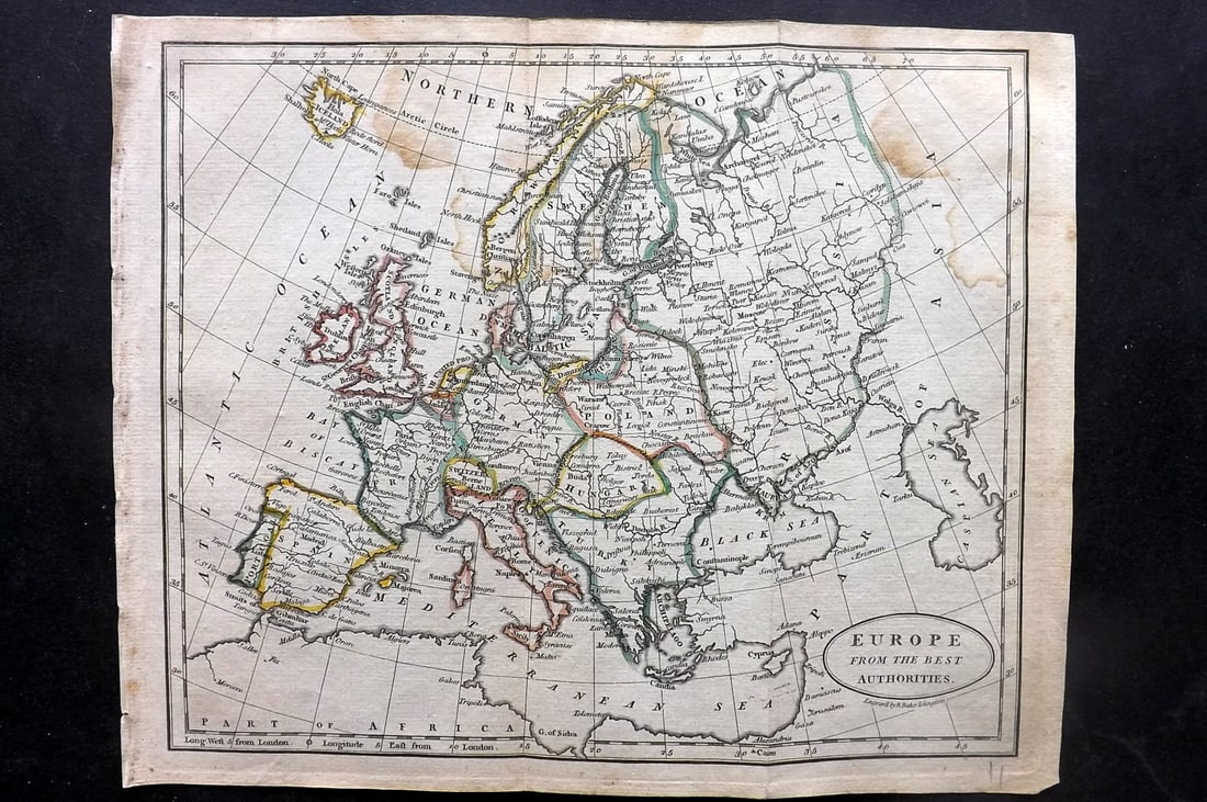 Brookes & Baker 1797 Antique Map. Europe: Copper Engraved Map Published 1797, London for "The General Gazetteer; Or, Compendious Geographical Dictionary" by Richard Brookes. Engraved by B. Baker. Original outline hand color. Folds as issued. 