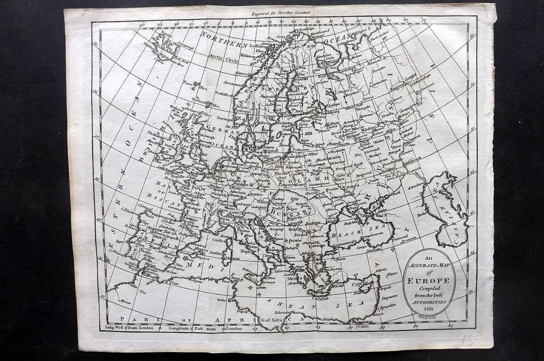 Brookes, Richard 1791 Antique Map. Europe: Copper Engraved Map Published 1791, London for "The General Gazetteer; Or, Compendious Geographical Dictionary" by Richard Brookes. Folds as issued. Paper Size: 10 x 8 inch (26 x 21cm) Good Condition