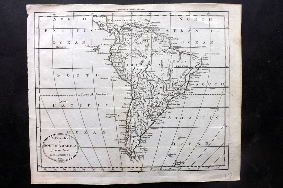 Brookes, Richard 1791 Antique Map. South America: Copper Engraved Map Published 1791, London for "The General Gazetteer; Or, Compendious Geographical Dictionary" by Richard Brookes. Folds as issued. Paper Size: 10 x 8 inch (26 x 21cm)