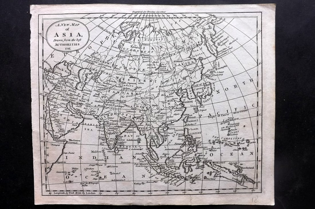Brookes, Richard 1791 Antique Map. Asia: Copper Engraved Map Published 1791, London for "The General Gazetteer; Or, Compendious Geographical Dictionary" by Richard Brookes. Folds as issued. Paper Size: 10 x 8 inch (26 x 21cm)