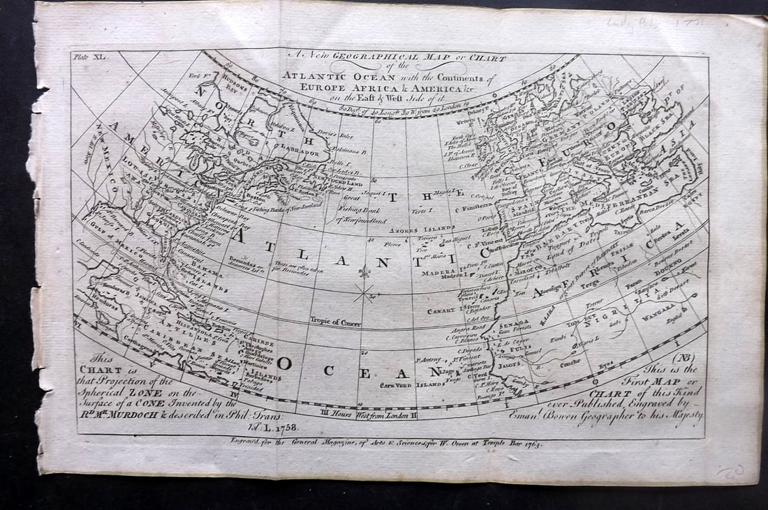 Martin, Benjamin 1772 Antique Map. Atlantic Ocean with Europe Africa America (1 of 2)