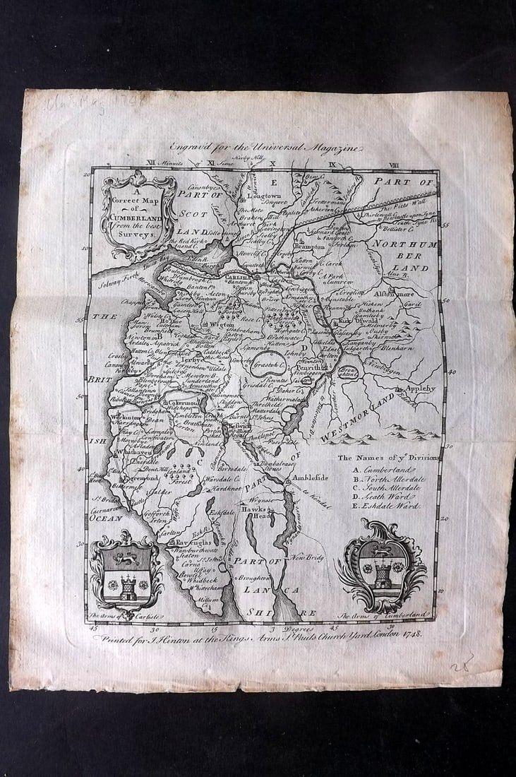 Universal Magazine 1748 Antique Map. Correct Map of Cumberland UK (1 of 1)