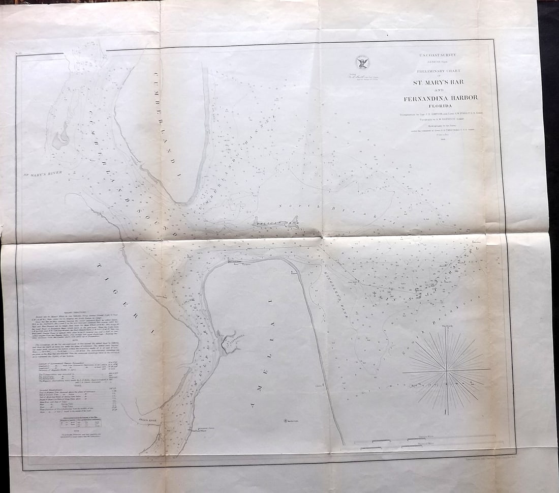 U S Coast Survey 1856 Large Map. St. Mary's Bar & Fernandina Harbor Florida (1 of 2)