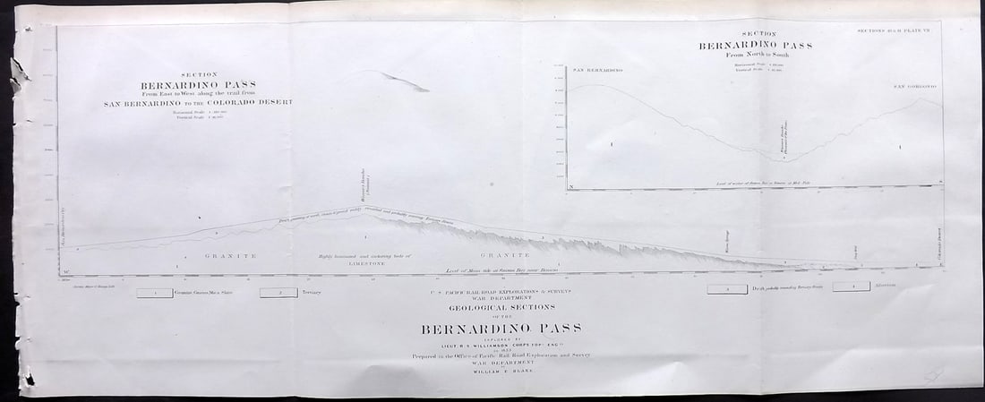 Williamson, Lieut. R. S. 1856 LG Chart. California - Bernadino Pass, San Bernardino, Colorado Desert: "Geological Sections of the Bernadino Pass" Lithograph Map Published 1853-61, Washington for "Reports of explorations and surveys, to ascertain the most practicable and economical route for a railroad